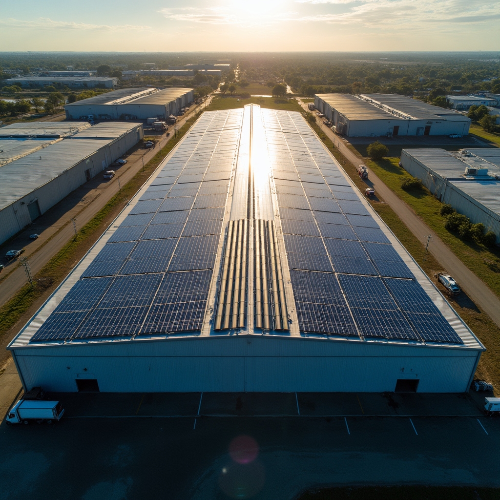 Vista aérea de un galpón industrial con paneles solares instalados sobre el techo
