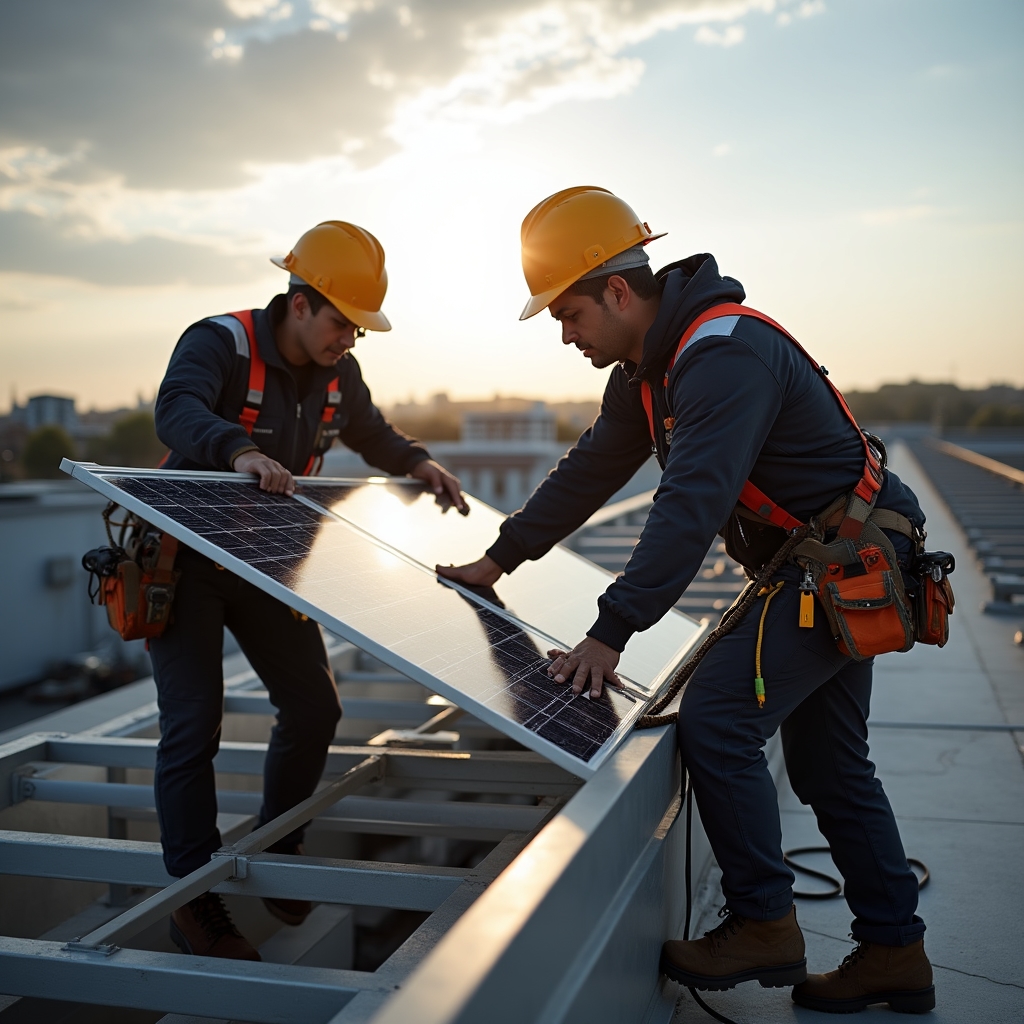 Técnicos instalando paneles solares sobre el techo de un galpón comercial