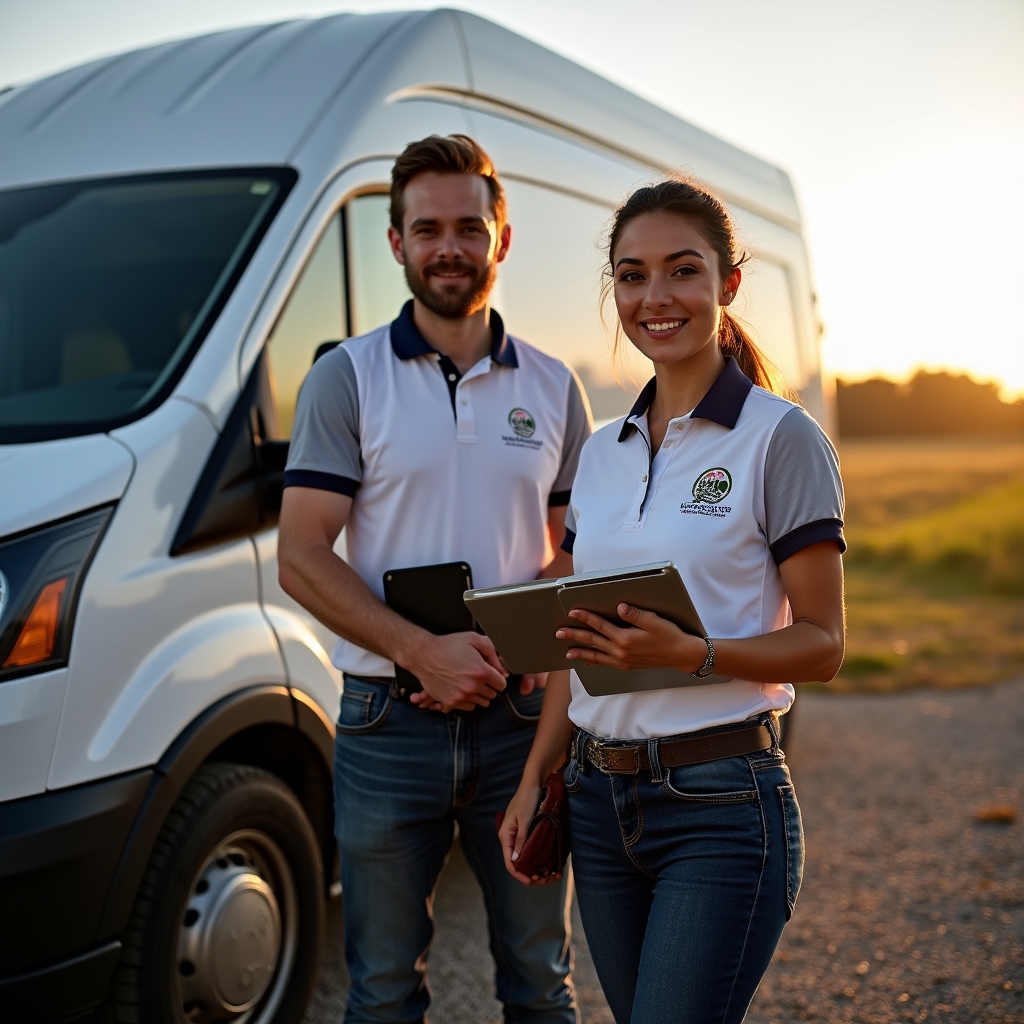 Dos técnicos de instalación solar de pie junto a una camioneta de trabajo
