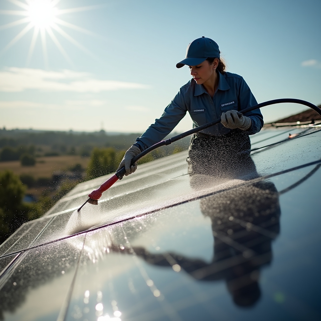 Técnico limpiando paneles solares con equipo especializado en un techo rural